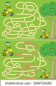 Happy boys maze for kids with a solution