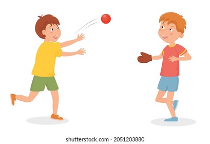 Happy boys play baseball. Vector flat Illustration