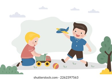 Happy boys play with toys. Cheerful children play with toy airplane and truck. Kids games, entertainment, development of imagination. flat vector illustration