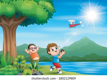 Happy boys playing by the river