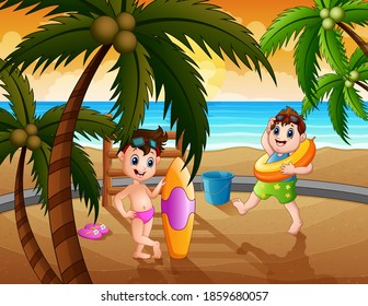 Happy boys playing on the beach illustration