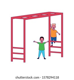 happy boys playing on a Horizontal Ladder Playground icon over white background, vector illustration