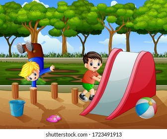 Happy boys playing in the playground