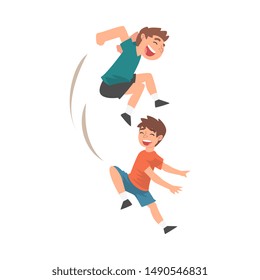 Happy Boys Playing Together, Naughty Kids, Bad Child Behavior Vector Illustration