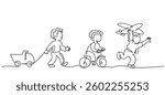 Happy boys playing toy airplane, bicycle, truck. Continuous one line drawing. Happy Children's Day concept. Single line draw design vector graphic illustration.