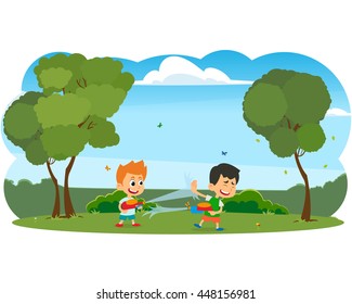 happy boys playing with water guns. Wet kids shooting squirt guns. vector