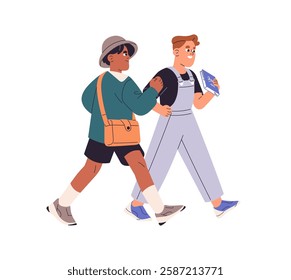 Happy boys with schoolbag, books go to the first grade. Students back to school together. Kids friends carry bag, textbook to lesson. Joyful children walk. Flat isolated vector illustration on white