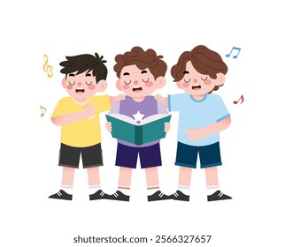 Happy Boys Singing in a Choir Holding a Songbook Cartoon Illustration