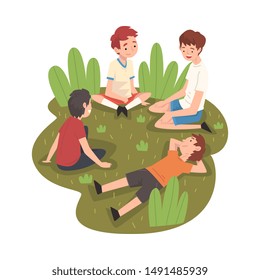 Happy Boys Sitting on Grass, Talking and Relaxing, Teen Boys Having Picnic Vector Illustration