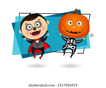 Garotos felizes com trajes de esqueleto e Drácula dançando. Conceito de festa de Halloween. A ilustração vetorial pode ser usada para convites, cartazes, banners