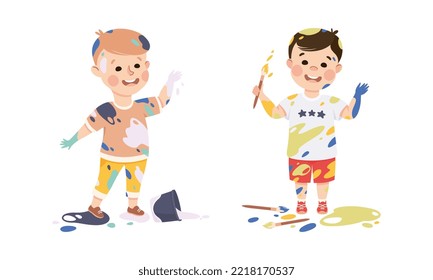 Happy Boys Stained Hands And Clothes With Paints. Creative Kids Painting With Paintbrushes And Paints Cartoon Vector Illustration