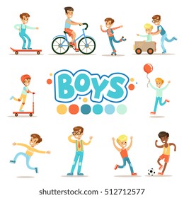 Happy Boys And Their Expected Classic Behavior With Active Games And Sport Practices Set Of Traditional Male Kid Role Illustrations