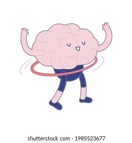 Happy Brain with Arms Raised and Hula Hoop. Modern Flat Vector Illustration. Train Your Brain. Social Media Template.