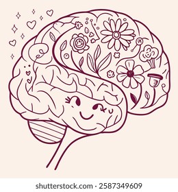 Happy brain blooming with flowers, leaves, and whimsical doodles.  Perfect for positive mental health, mindfulness, or creativity projects.  Burgundy line art, detailed design.