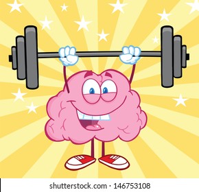 Happy Brain Cartoon Character Lifting Weights