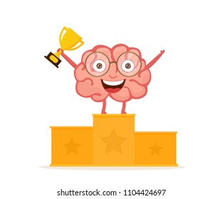 Happy brain cartoon character with trophy cup standing on winners podium. Vector illustration isolated on white background.