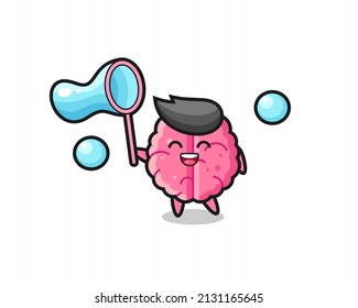 happy brain cartoon playing soap bubble , cute style design for t shirt, sticker, logo element