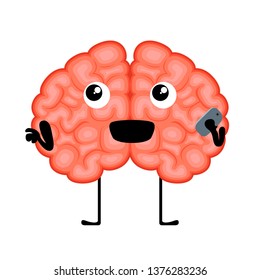 Happy brain cartoon with a smartphone. Vector illustration design