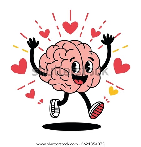 Happy Brain Character with Hearts Illustration