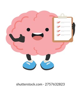 Happy brain character holding checklist and showing like gesture, representing approval, productivity, task completion, satisfaction, and positive feedback concept.