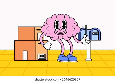 Happy brain character holding a mailbox and standing beside stacked delivery boxes cartoon illustration vector for concepts of intelligence, communication, logistics, and creativity