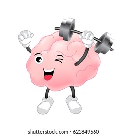 Happy Brain Character Lifting Weights. Illustration isolated on white background.