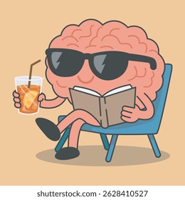 Happy brain character vector relaxing while reading a book and holding a glass of iced lemon tea
