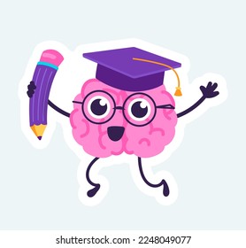 Happy Gehirn mit süßem Gesicht in Graduierung Hut. Wissenschaft und Bildung. Vektorgrafik in Cartografik-Aufkleberdesign