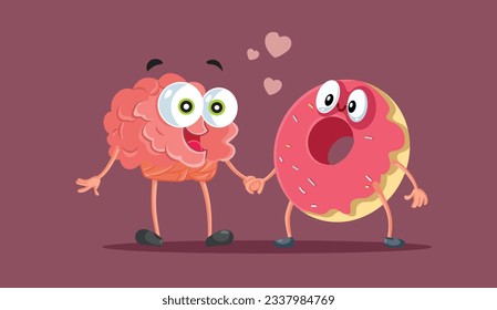 
Happy Brain and Donut Characters Walking Together Vector Cartoon. Sugar addiction concept illustration of dopamine rush effect 
