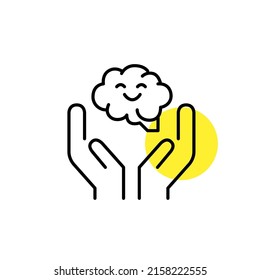 Happy brain in hands. Mental health. Pixel perfect, editable stroke line icon