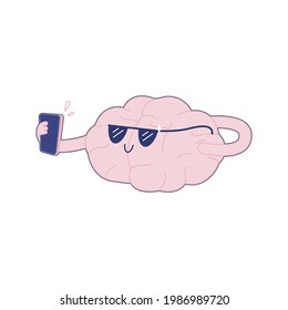 Happy Brain Hold Smartphone and Take a Selfie. Modern Flat Vector Illustration. Train Your Brain. Social Media Template.