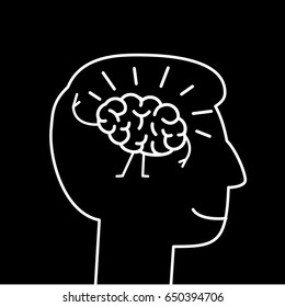 Happy brain inside happy head. Vector concept illustration of happiness and self confidence in mind | flat design linear infographic icon white on black background