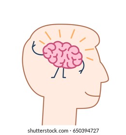 Happy brain inside happy head. Vector concept illustration of happiness and self confidence in mind | flat design linear infographic icon colorful on white background