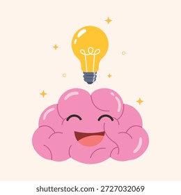 Aprendizaje de cerebro feliz e idea de bombilla, buena idea creativa, signo de idea innovadora con cerebro.