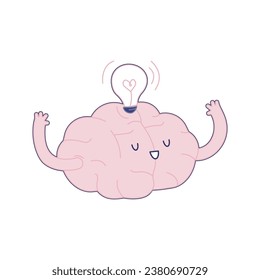 Happy Brain with light bulb and putting hands up in the air. Modern Flat Vector Illustration. Train Your Brain. Social Media Template.