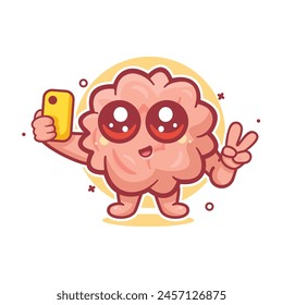 happy brain organ character mascot taking a selfie with a smartphone isolated cartoon
