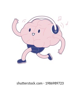 Happy Brain Run and Listen to the Music in Headphones. Modern Flat Vector Illustration. Train Your Brain. Social Media Template.
