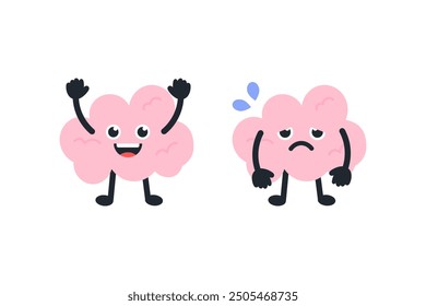 Happy brain and tired burnout brain cartoon character set. Healthcare, mental health, productivity, feeling, idea concept. Flat vector design isolated illustration.