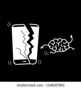 Happy brain without technology. Vector concept illustration of freed brain escaping out of the broken smartphone | flat design linear infographic icon white on black background