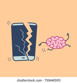 Happy brain without technology. Vector concept illustration of freed brain escaping out of the broken smartphone | flat design linear infographic icon on orange background