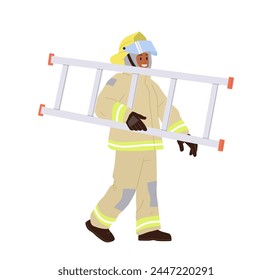 Personaje de dibujos animados feliz y valiente bombero en uniforme caminando con escalera aislada en blanco