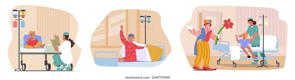 Happy brave little children cartoon characters rejoicing fighting with dignity against cancer scene. Doctor and cute clown animator supporting small kid patient in hospital ward vector illustration