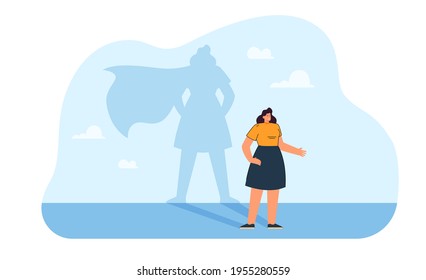 Happy brave woman with super hero shadow. Strong successful female leader flat vector illustration. Feminism, strong women, leadership concept for banner, website design or landing web page
