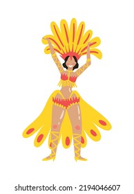 Happy brazil carnival dancer in yellow constume flat vector illustration