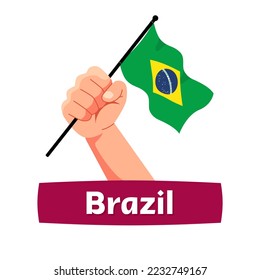 Happy Brazil Independence Day September 7th Celebration Vector Design. Hand Holding Brazil Waving Flag Illustration. Template for Poster, Banner, Advertising, Greeting Card, Football Supporter