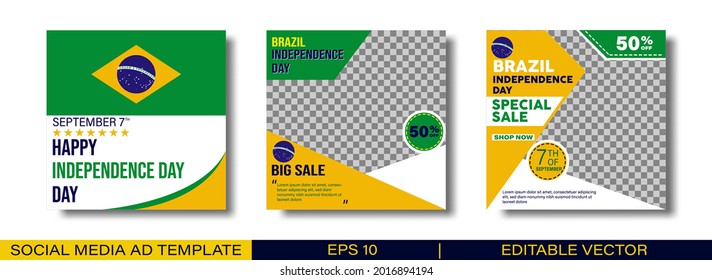 Happy Brazil Independence Day social media post template. With green and yellow colors. Suitable for social media posts and web internet ads