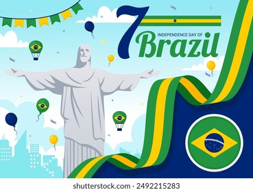 Happy Brazil Independence Day Vector Illustration on September 7 with Waving Flag and Ribbon in a National Holiday Flat Style Cartoon Background