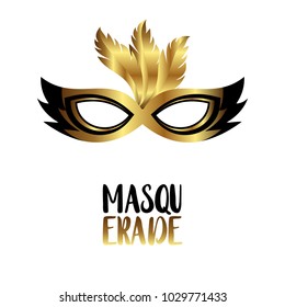 Happy Brazilian Carnival Day. Black and Golden Elgant Carnival mask and typograhy with golden feathers on white background