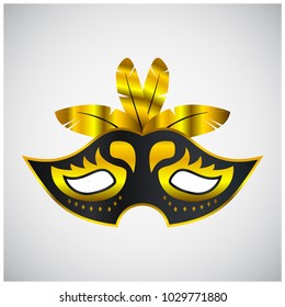 Happy Brazilian Carnival Day. Black and Golden Elegant Carnival Mask on Grey Background