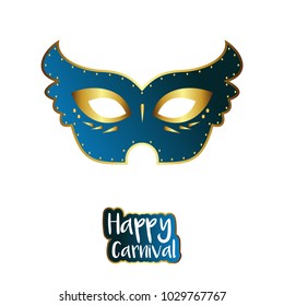 Happy Brazilian Carnival Day. Blue carnival mask with golden design elements on white background